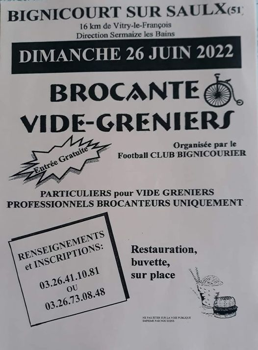Brocante à Bignicourt-sur-Saulx le dimanche 26 juin 2022, organisée par le « football CLUB BIGNICOURIER »!