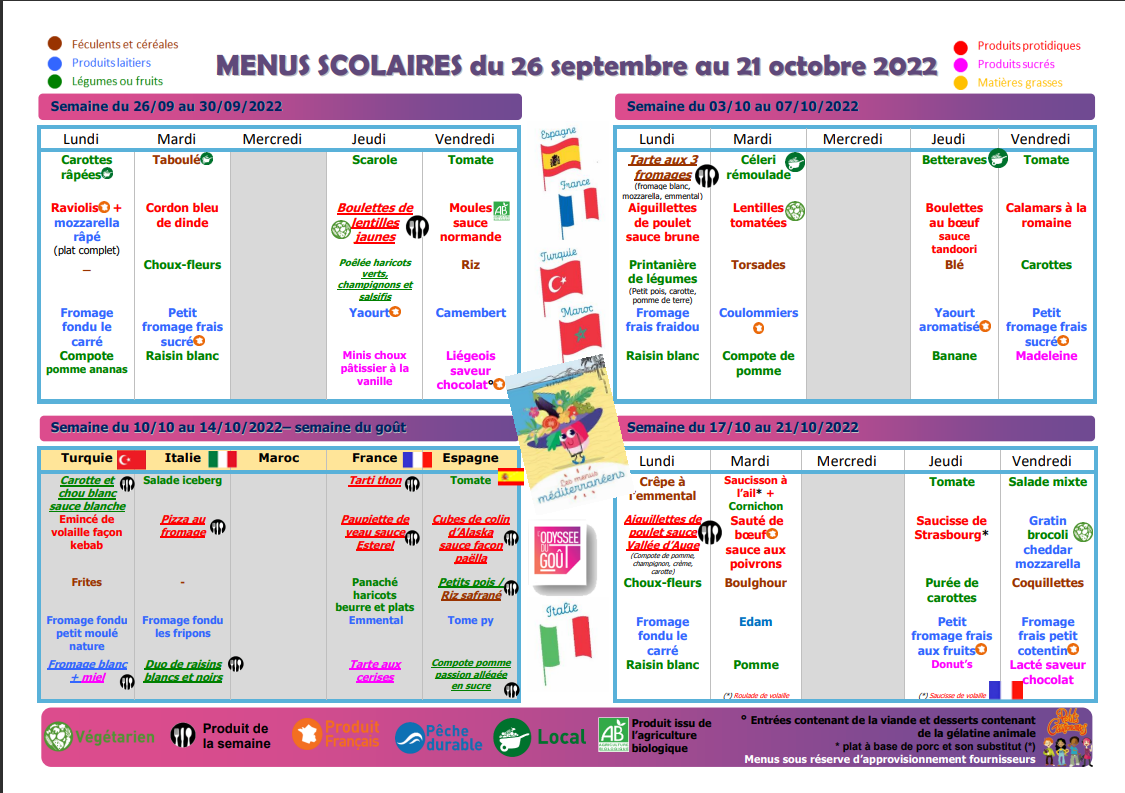 Menus Scolaires du 26 septembre au 21 octobre 2022