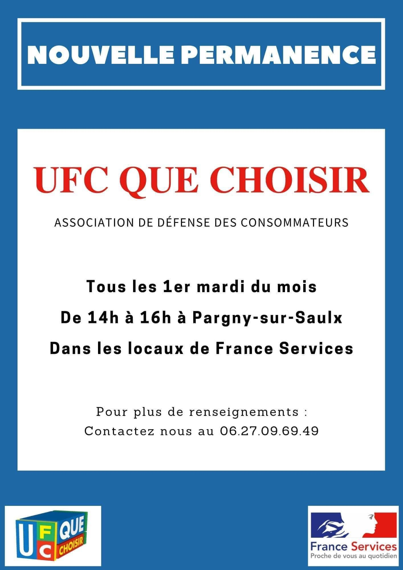 L’association UFC QUE CHOISIR sera dans les locaux de France Services à Pargny sur Saulx  tous les premiers mardi du mois