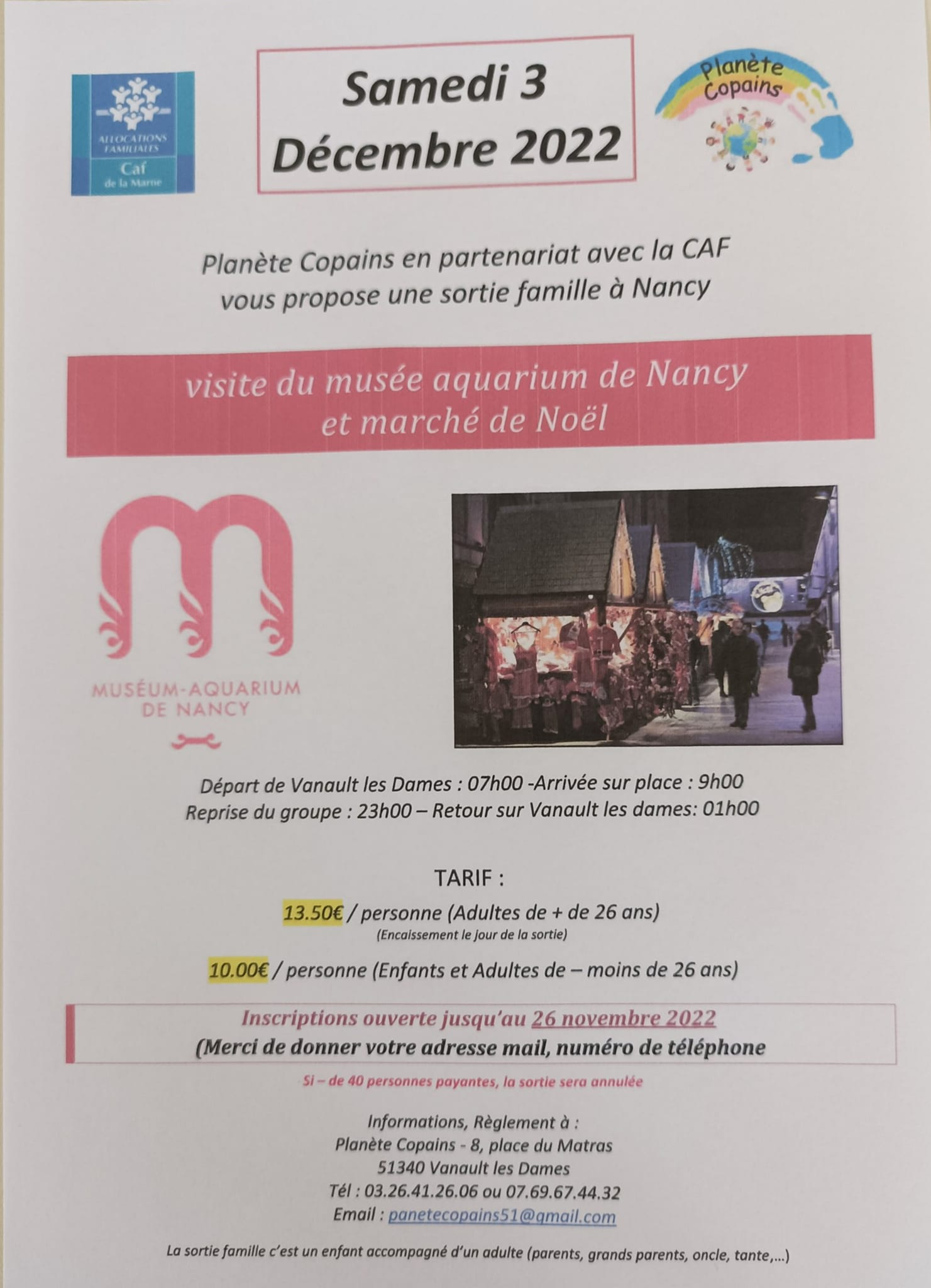 Planète Copains : Visite dumusée aquarium de Nancy et marché de noël le 3 décembre 2022