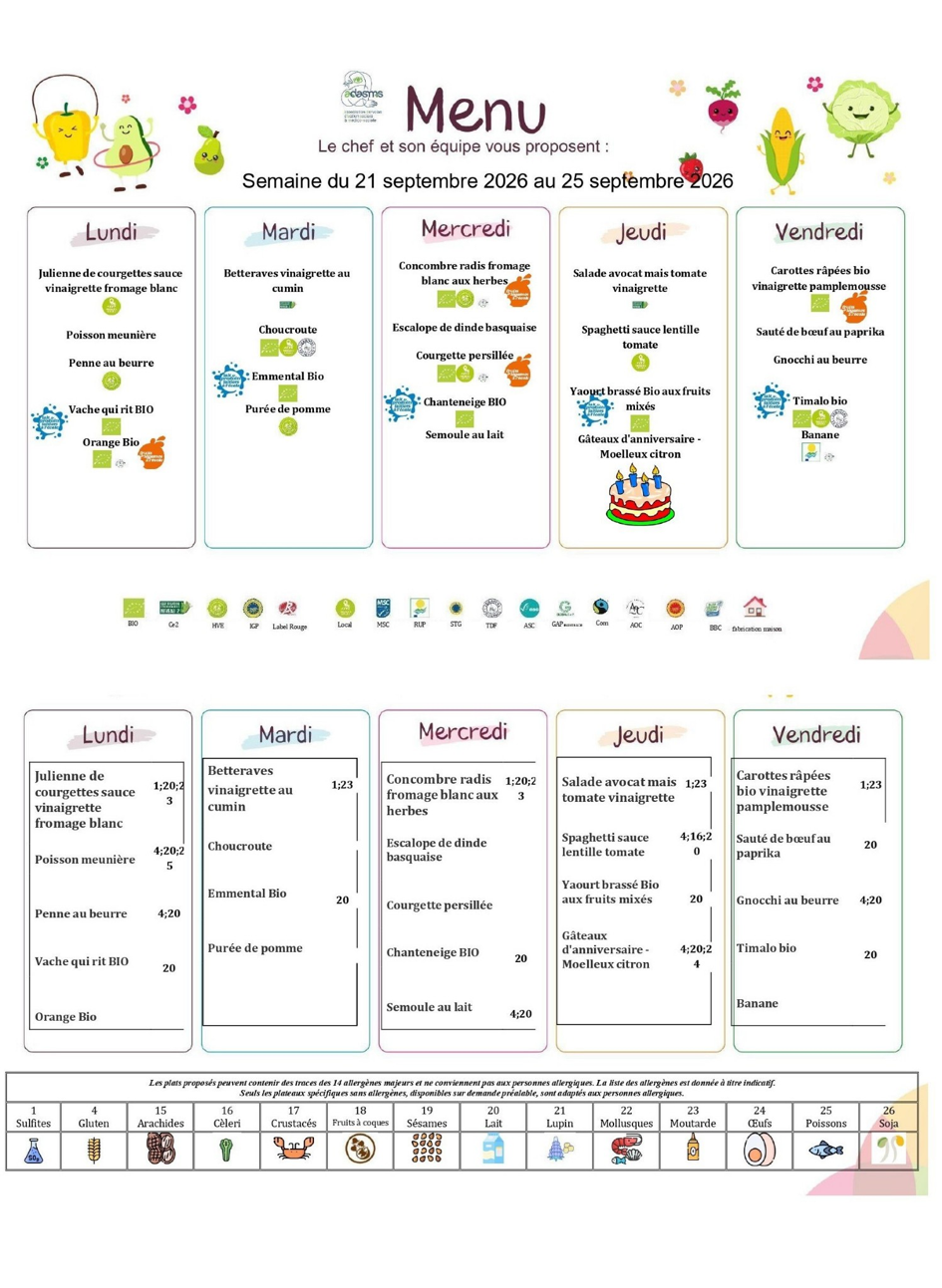 Menu scolaire de la semaine du 21 au 25 septembre 2026