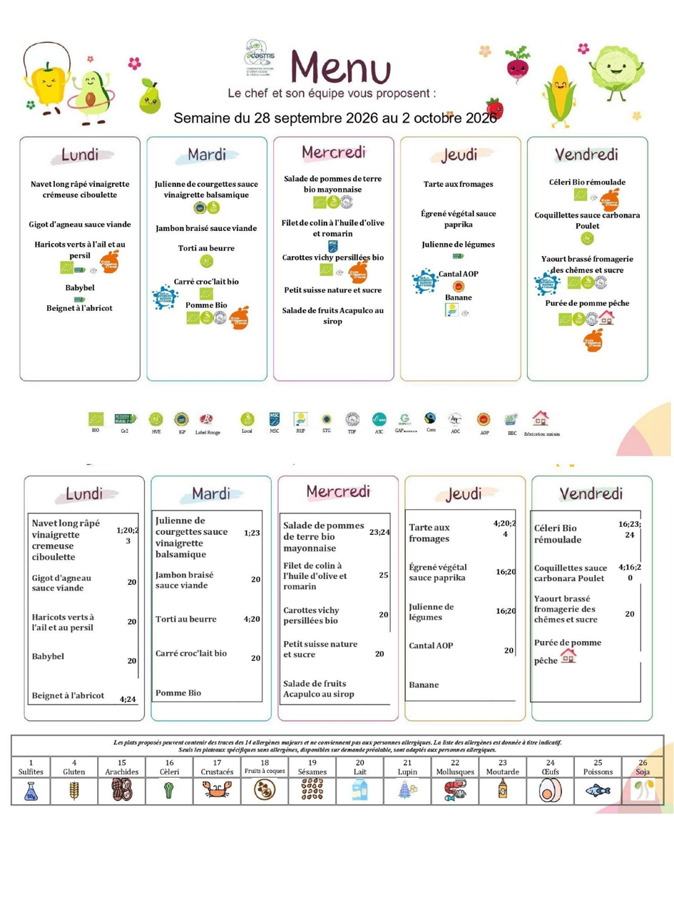 Menu scolaire de la semaine du 5 au 9 octobre 2026