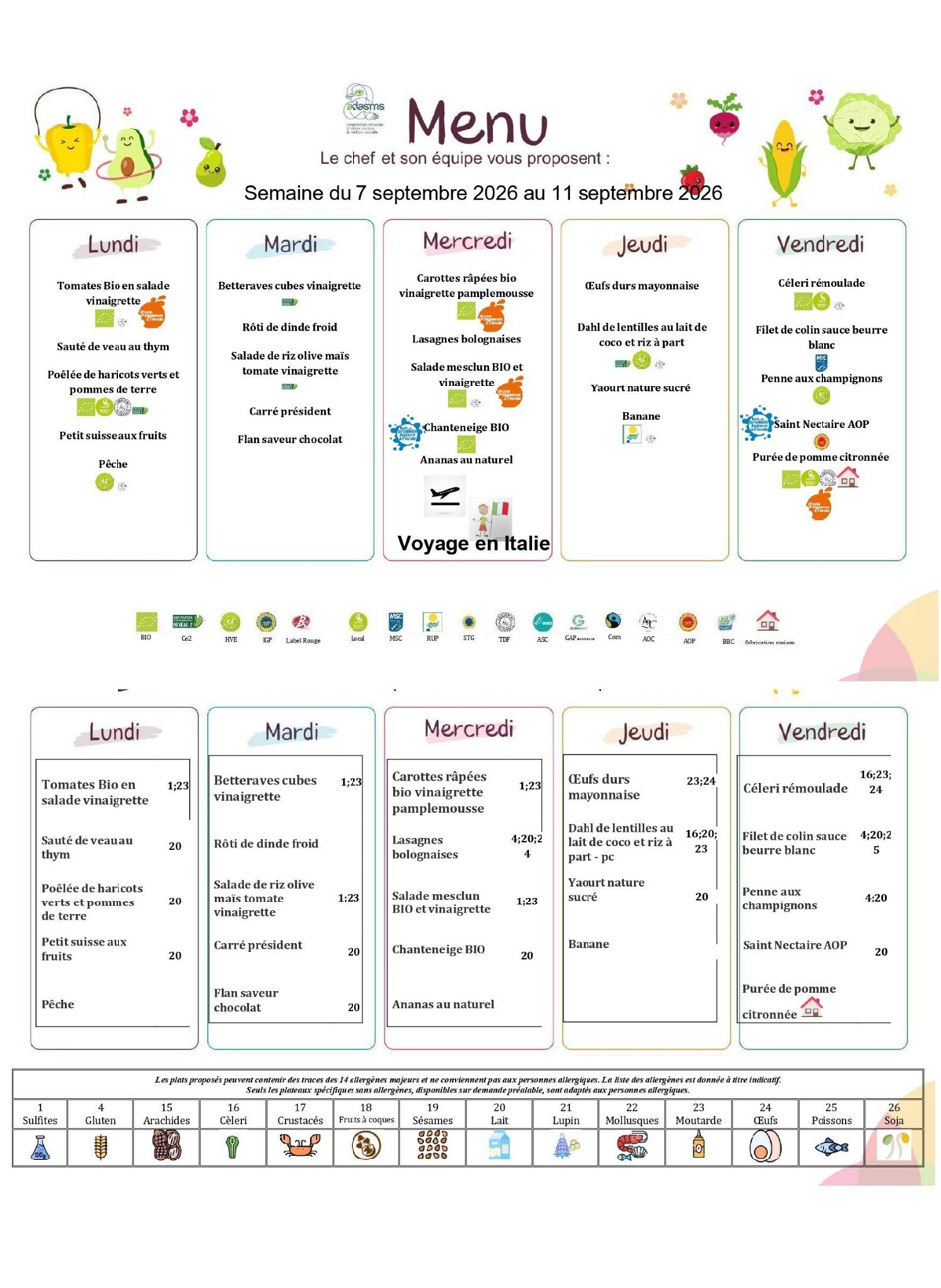 Menu scolaire de la semaine du 7 au 11 septembre 2026