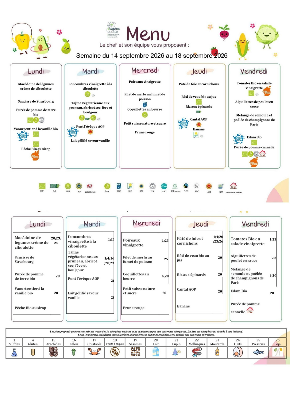 Menu scolaire de la semaine du 14 au 18 septembre 2026